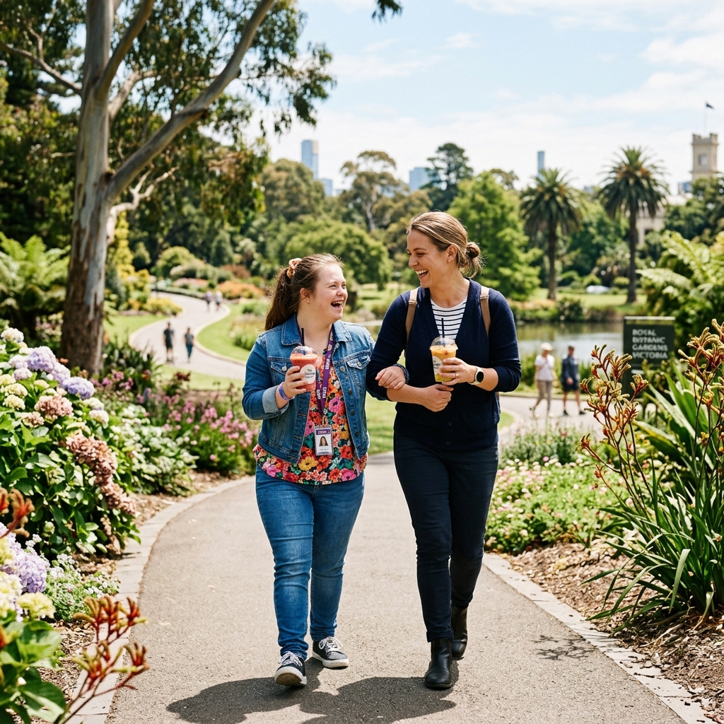 Clara Care caregiver and elderly participant walking in park
